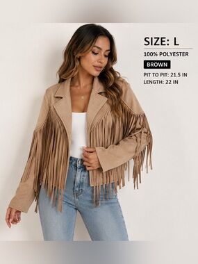 Women’s Brown Fringe Jacket Size L BNWOT Faux Suede Western Style Open Front Coa